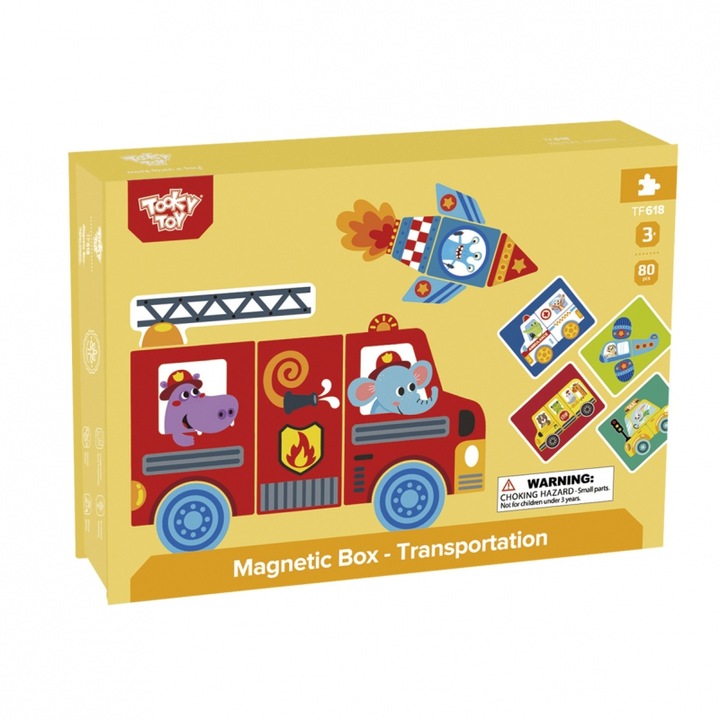 Cutie magnetica mijloace de transport, Tooky Toy, jucarii educative Montessori, 3ani+, 80pcs, multicolor