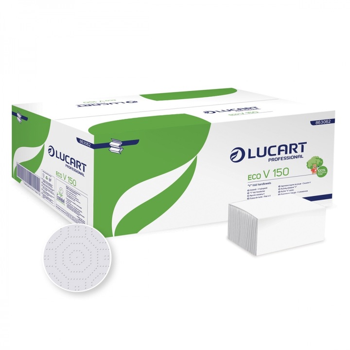 Prosop pliat hartie tip V Lucart Eco V150, 25x23, 150 buc in pachet, 20/bax, 2straturi