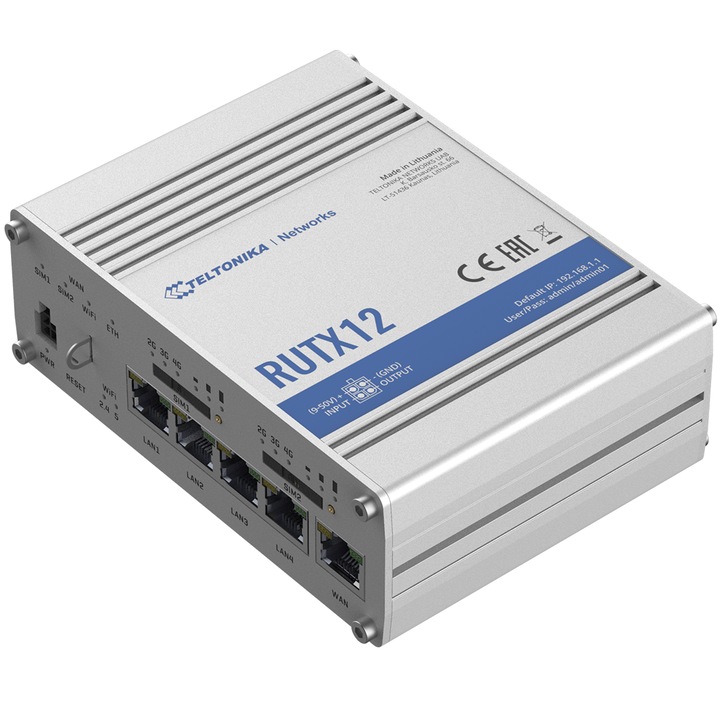 Teltonika RUTX12 Professional Router, 4G (LTE) dual SIM, 5X 10/100/1000 Mbps, WiFi, Bluetooth, GPS, Modbus, VPN
