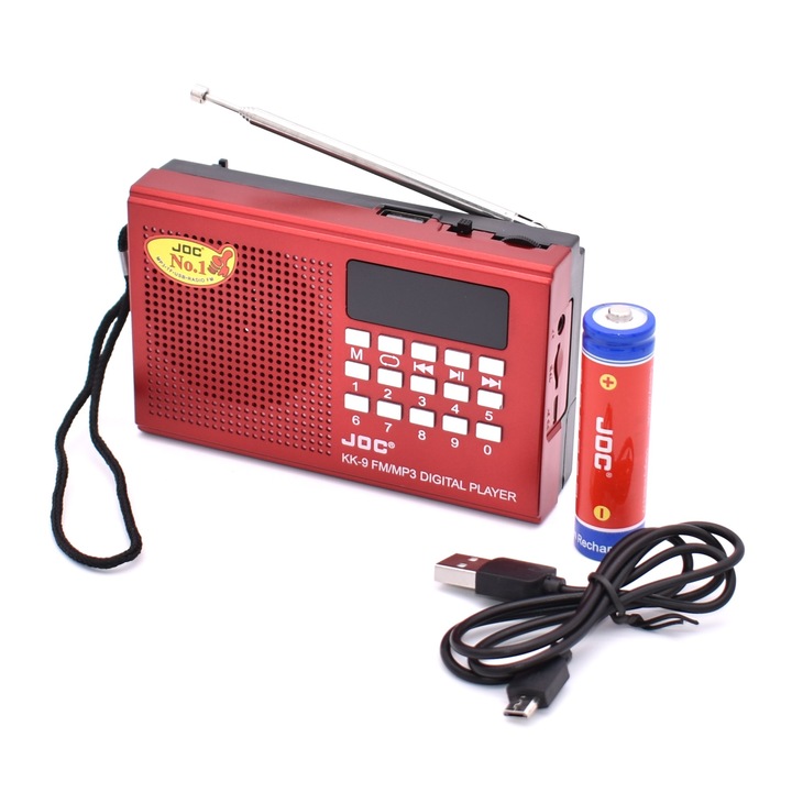 Radio portabil JOC -KK9, MP3, microSD/USB,FM, afisaj electronic, acumulator 2000 mAH, rosu 2