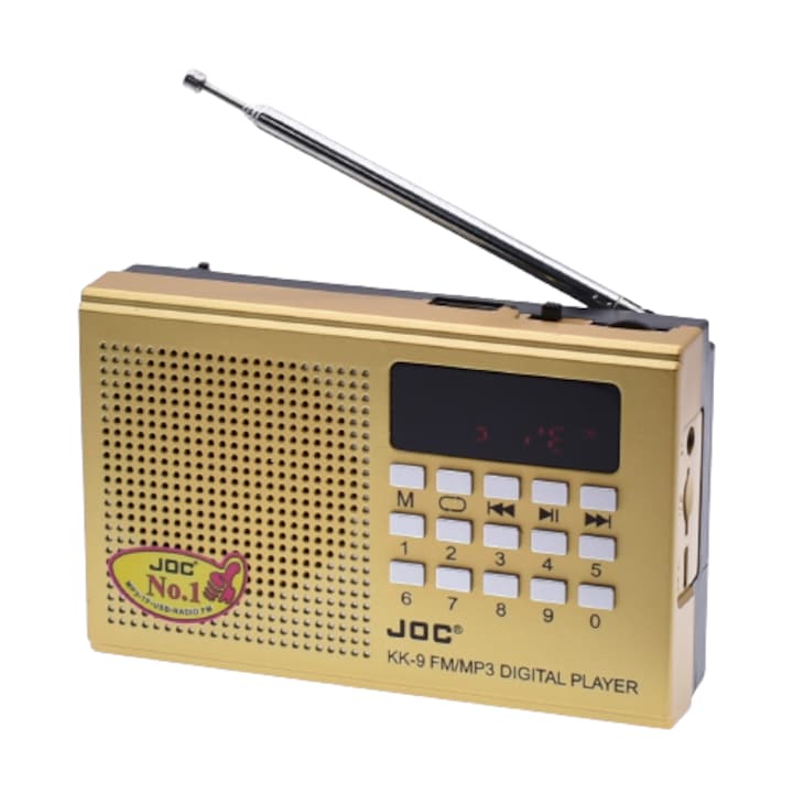 Radio portabil cu acumulator 3.7v 2000mAh, mp3, card TF, usb, bluetooth FM, afisaj electronic, KK-9 auriu