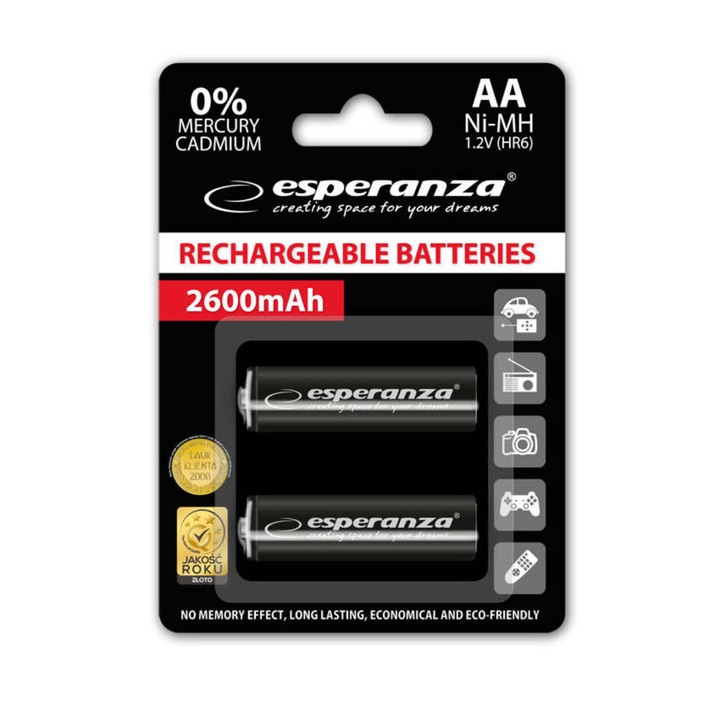 Set 2 acumulatori AA R6 Esperanza 92254, 2600mAh, Ni-MH, 1.2V, reincarcabili, negri