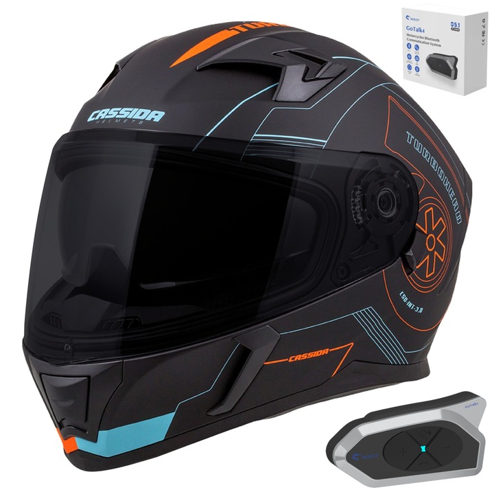 Set casca protectie moto, sistem de comunicare intercom si 2 viziere, Cassida, Policarbonat/Sticla, Negru/Portocaliu