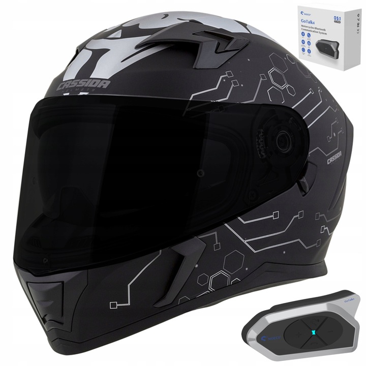 Set casca protectie moto, sistem de comunicare intercom si 2 viziere, Cassida, Policarbonat/Sticla, Negru/Gri, XXL