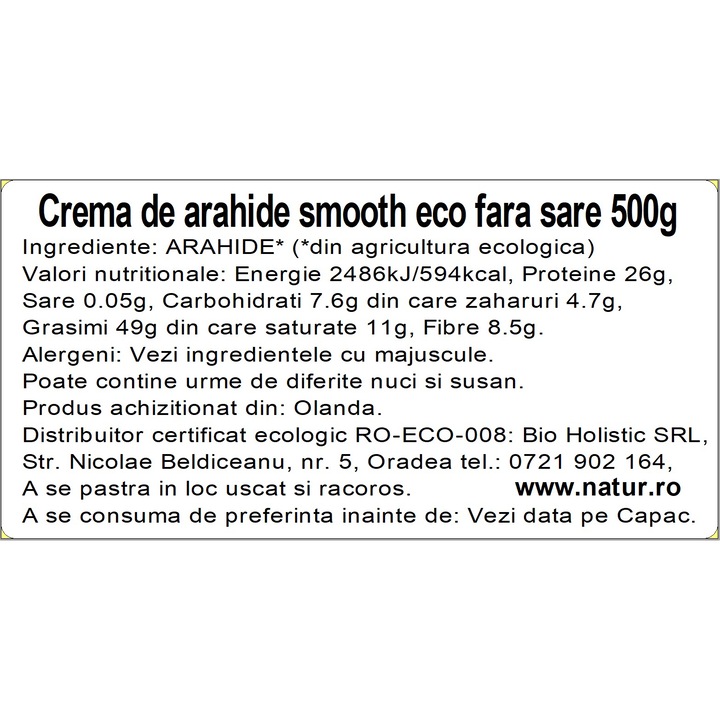 Unt de arahide SMOOTH fara sare Bio, 500g