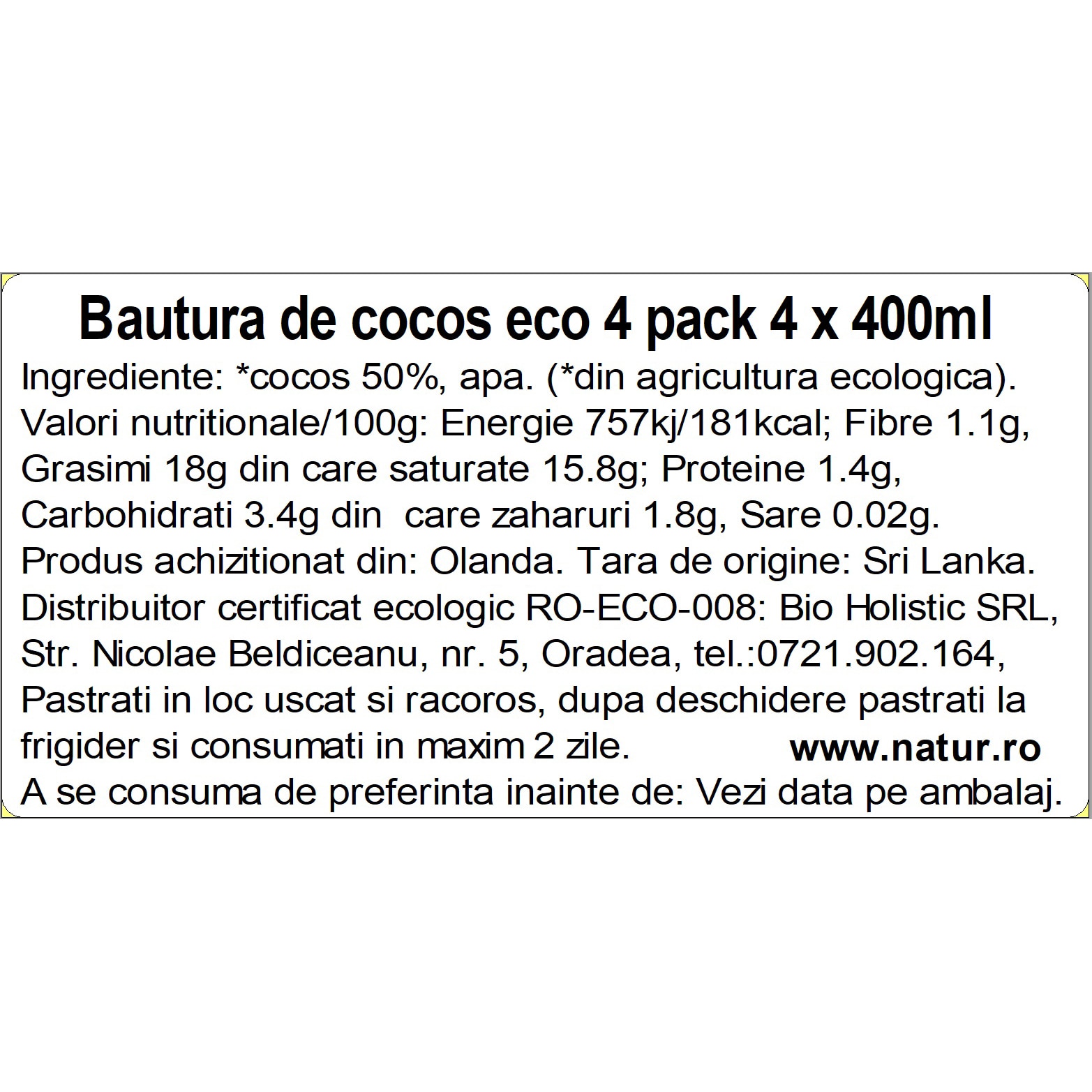 Lapte de cocos Bio 4 Pack (4 x 400ml) - eMAG.ro