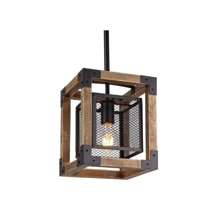 Полилей Cojom Dana 2, кафяво дърво с черен метал, с крушка E27, дървен корпус, 20 см