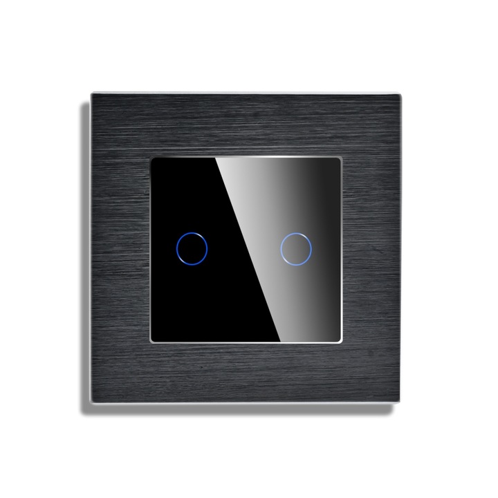 Intrerupator Dublu cu Variator si Touch din Sticla si Rama de Aluminiu LUXION, RF433, Negru, LX-MT-RD201A-B