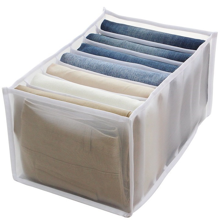 Original Deals textilhálós doboz ruhák és fehérneműk rendezéséhez, 7 rekesszel, hossza 36 cm x szélesség 20 cm x magasság 20 cm, fehér