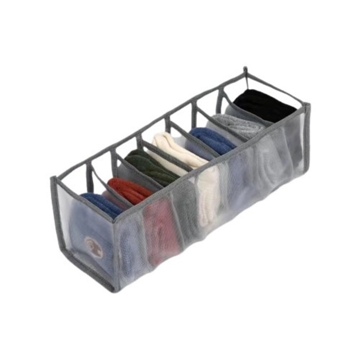 Cutie cu Plasa Textila pentru Organizat Haine si Lenjerie cu 9 Compartimente si Lungime 36 cm x Latime 14 cm x Inaltime 12 cm, Gri, GARAMI SHOP