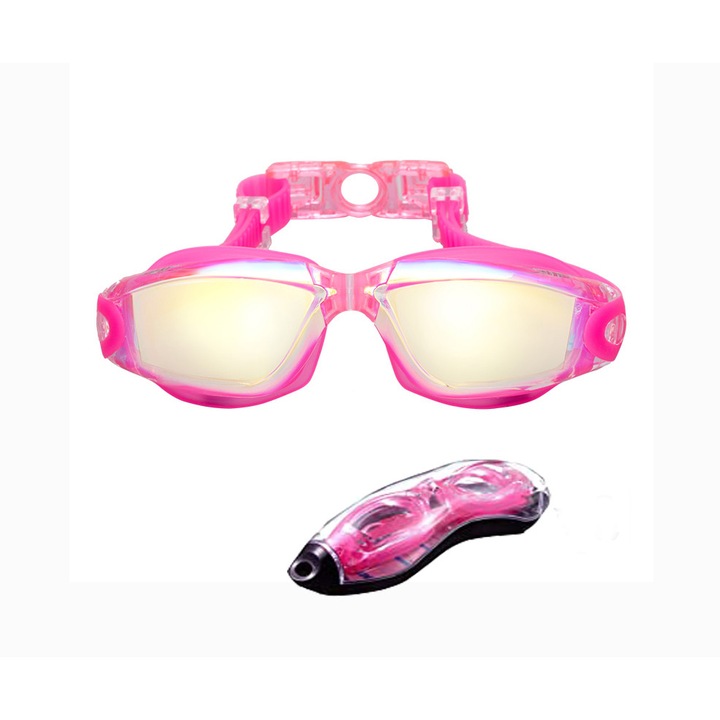 Очила за плуване, Поликарбонат/Силикон, Анти-UV/Мъгла, Регулируем размер, Розови