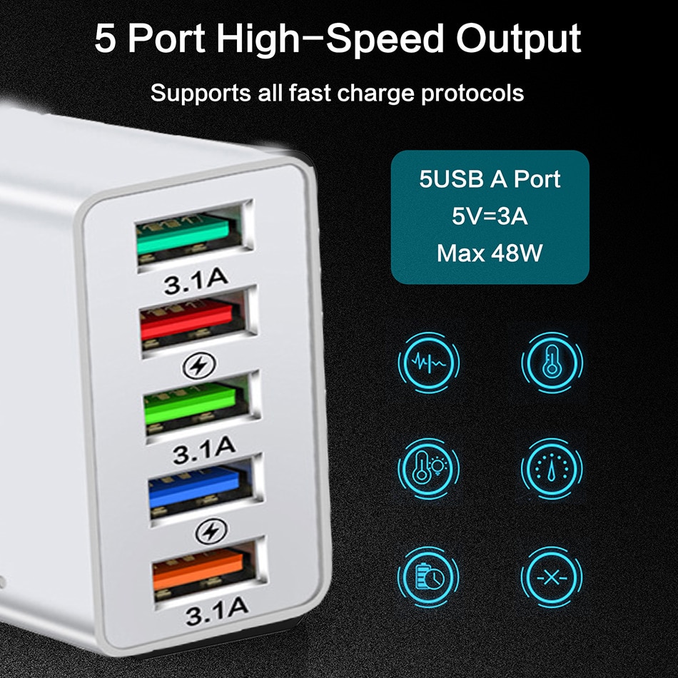 Зарядно за телефон, USB 3.1, 5xUSB, Бързо зареждане, Бързо зареждане ...