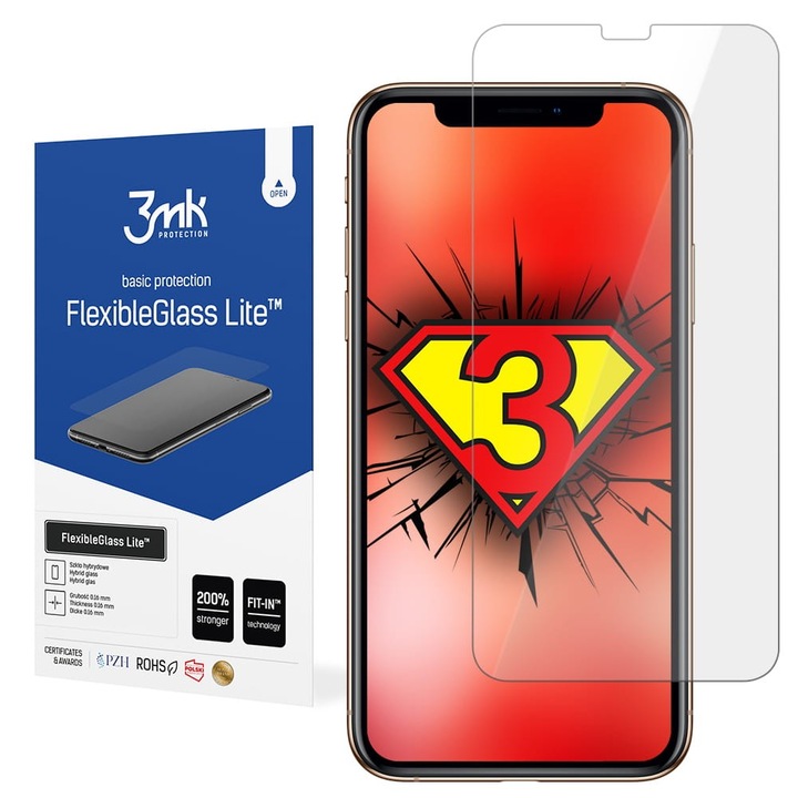 iPhone 11 Pro / X / XS kompatibilis üvegfólia, előlapi, flexibilis, hibrid, 3MK Flexible Glass Lite
