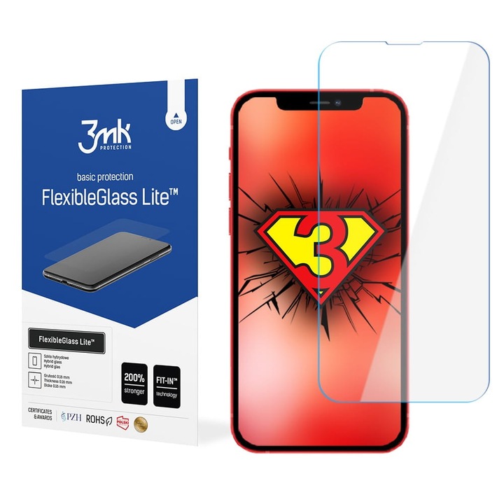 iPhone 13 / 13 Pro / 14 / 16e kompatibilis üvegfólia, előlapi, flexibilis, hibrid, 3MK Flexible Glass Lite