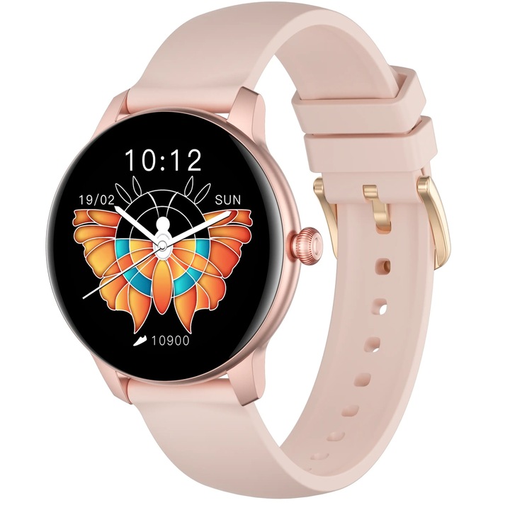 Часовник SmartWatch ISP LikeSmart LadyCrown FiT, Оксиметър SpO2, Известия за обаждания и социални мрежи, Измерване на сърдечната честота и кръвното налягане, Lady Silicon Gold, 1.09" ​​​​​​​​​​​​​​​​​​​​​​​​​​​​​​​ ​​​​​