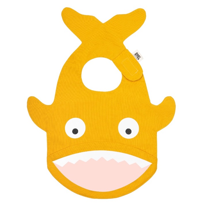 Baveta bebelusi, Baby Bites, Impermeabil, Forma rechin galben, Bumbac/poliuretan, 24 x 37 cm, Multicolor