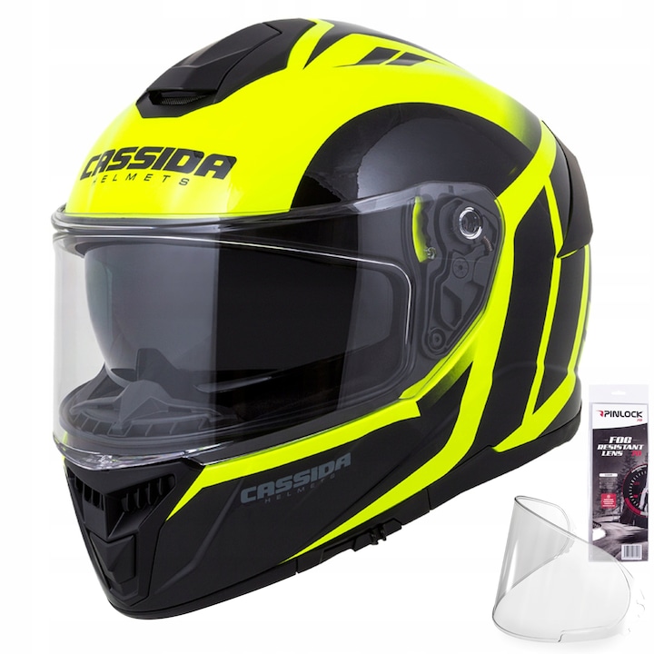 Set casca protectie moto Cassida Fluo GT si viziera Pinlock, Fibra de sticla, Galben/Negru, S