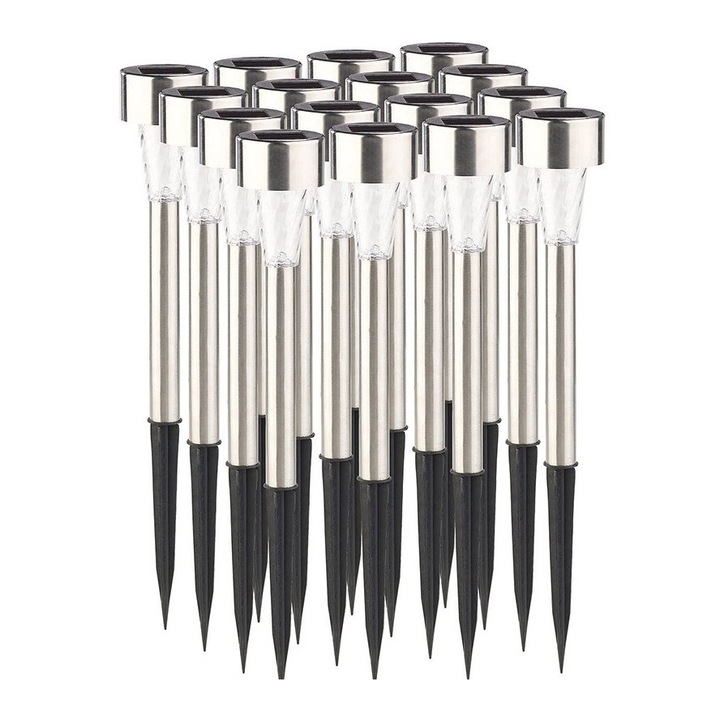 Lampa solara LED de Gradina, Flippy, Set 12 Bucati, Dispersor normal, putere 0.06W, Rezistenta IP 44, Lumina Alba Rece, 29 x 4.5 x 4.5 cm, Argintiu