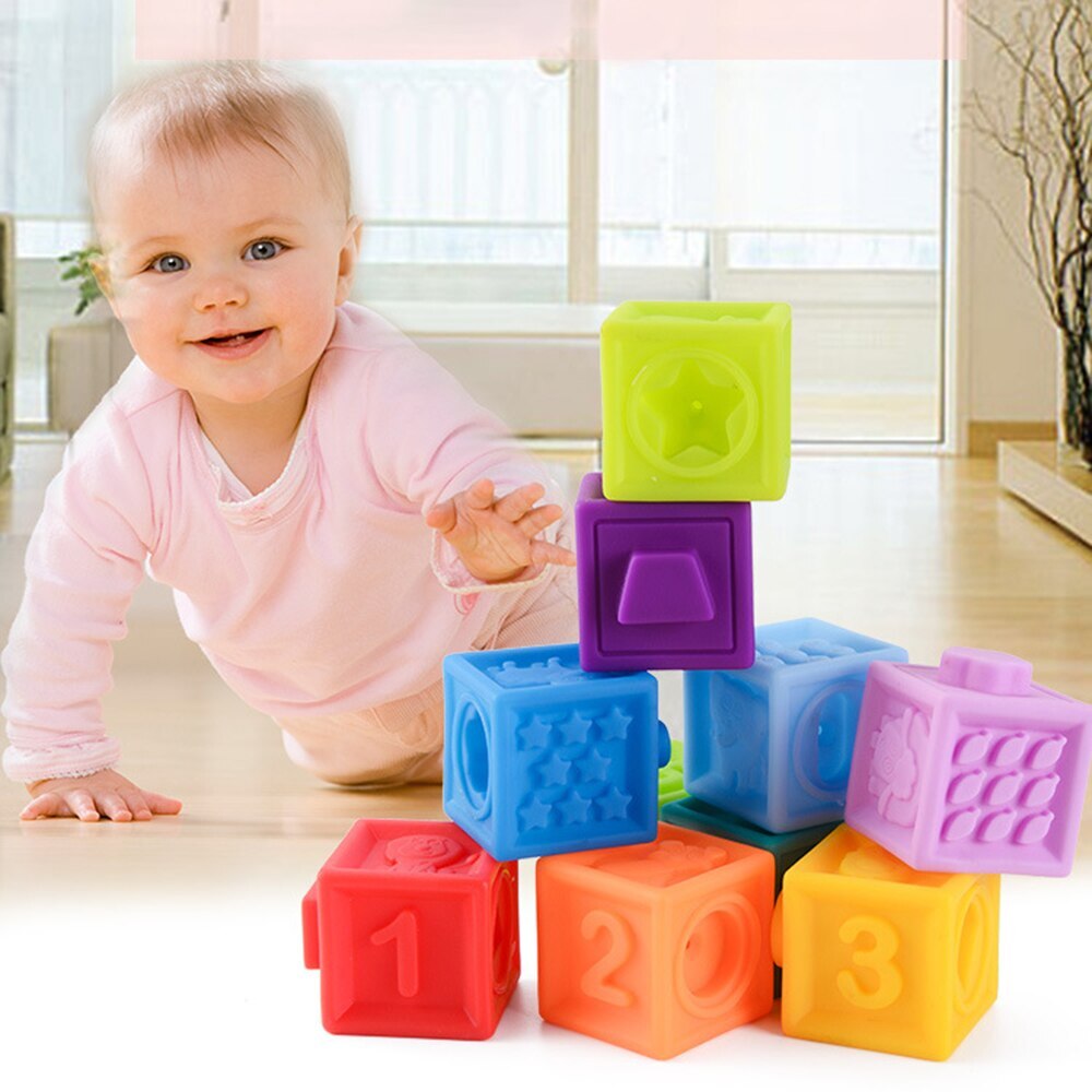 Set 10 cuburi moi de construit pentru bebelusi Soft Blocks, multicolor ...