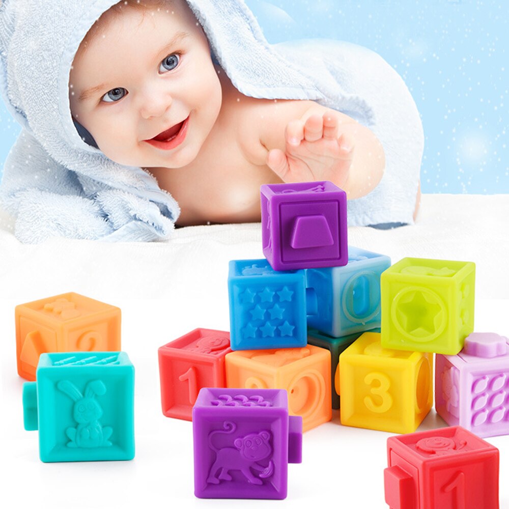 Set 10 cuburi moi de construit pentru bebelusi Soft Blocks, multicolor ...