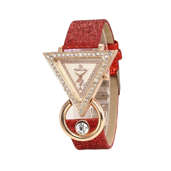 Ceas Dama Elegant cu cadran triunghiular si cristale, Rosu, QUARTZ CDQZ036