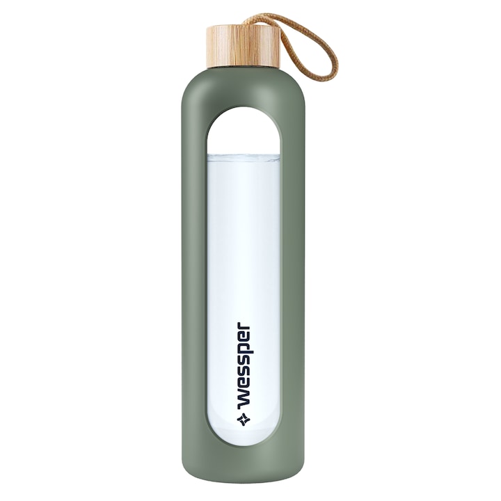Wessper ActiveMax Crystalline Sportvizes palack, Ø8 x 29,5 cm, 1L, bambusz fogantyú, BPA mentes, olíva zöld