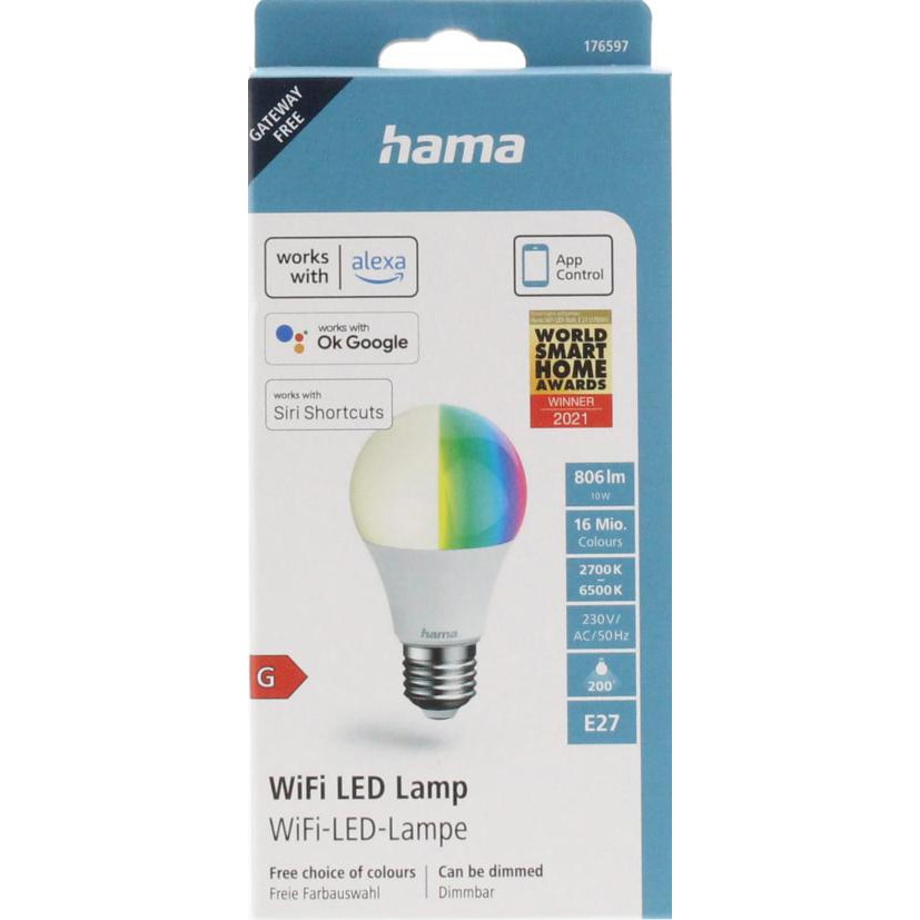 Bec LED RGBW inteligent Hama, Wi-Fi, E27, 10W (60W), 806 lm, reglabil, lumina alba si colorata (2700-6500K), control vocal, Clasa energetica G