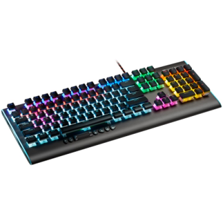 CANYON Interceptor GK-8, Wired multimedia gaming keyboard with lighting effect, 20pcs rainbow LED & 19pcs RGB light, Numbers 104keys, EN double injection layout, cable length 1.8M, 446*160*40mm, 0.98kg, color Dark grey