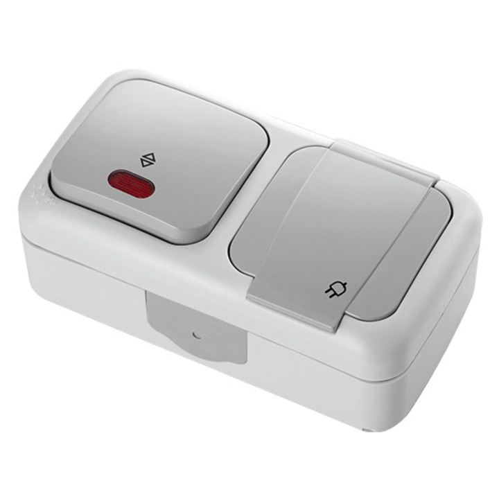 Priza schuko, 16A + Intrerupator cap scara cu LED, 10A, Gri