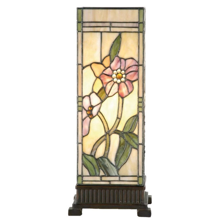 Veioza cu baza din polirasina maro si abajur din sticla Tiffany I 18 cm x 18 cm x 45 h
