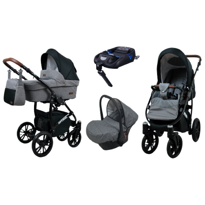 Carucior bebelusi 4 in 1 BabyLUX OPTIMAL BLACK, ISOFIX, gri/negru
