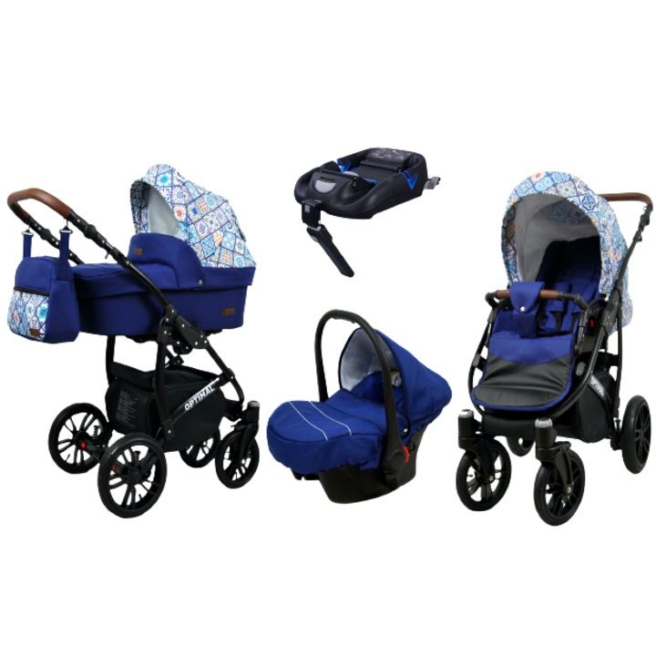 Детска количка 4 в 1 BabyLUX OPTIMAL BLACK, ISOFIX, Син с щампа