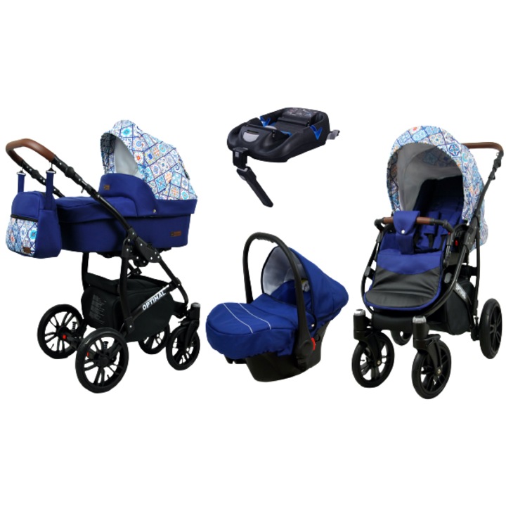 Carucior bebelusi 4 in 1 BabyLUX OPTIMAL BLACK, ISOFIX, albastru cu imprimeu