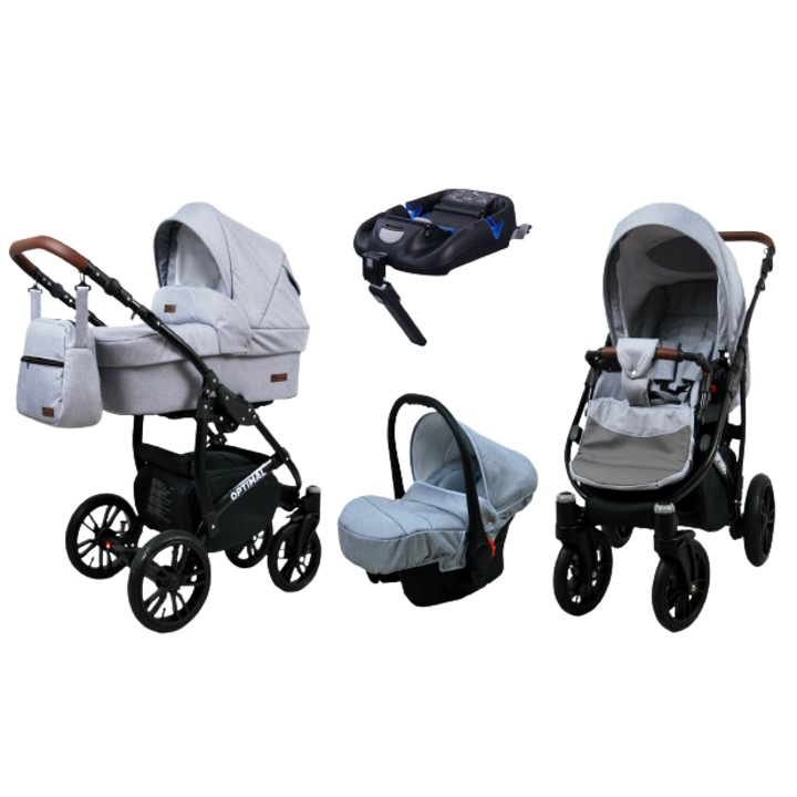 Carucior de Copii BabyLux OPTIMAL 4in1, Adanc Reversibil, Scaun Autofaza, Cadru Aluminiu, Isofix, Culoare Silver Flex Black Frame