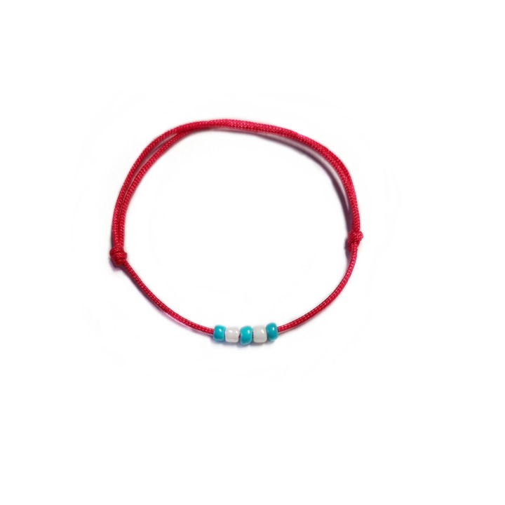 Bratara Bebe, Wild Bracelets, reglabila rosie din snur de matase si margele de nisip alb si tourquaz, 0-1 an