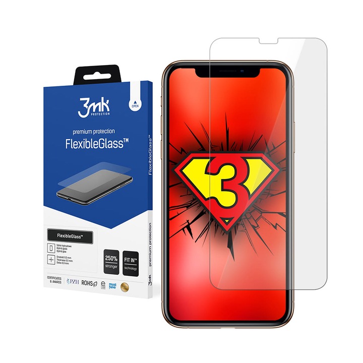 Képernyővédő fólia, 3MK, Rugalmas üveg, Biztonságos üveg, Kompatibilis az Apple iPhone 11 Pro Max készülékkel, 7H, Átlátszó