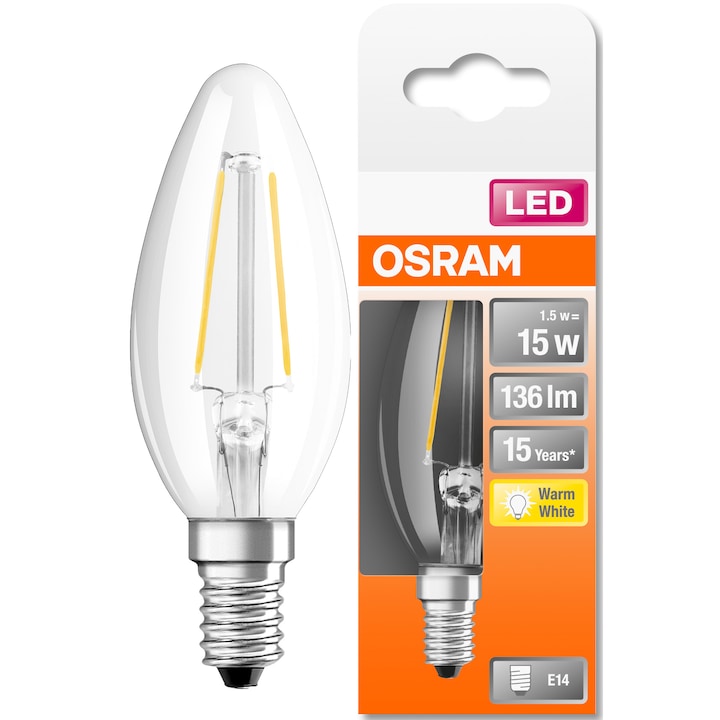 Bec LED Osram Filament E14, 1.5W, 136 lm, lumina calda (2700K), clasa energetica F