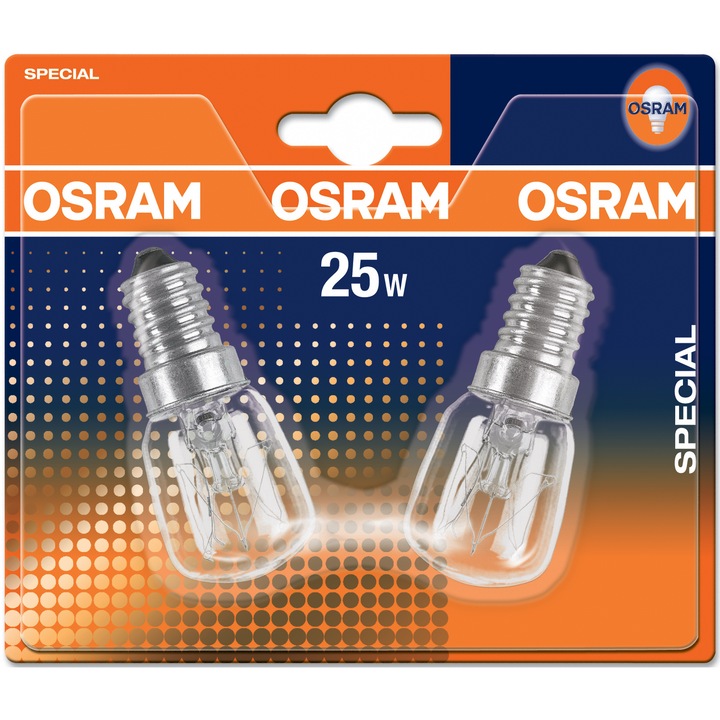 Pachet 2 becuri pentru cuptor Osram T26, E14, 25W, glob clar, incandescent, 230V, clasa energetica G