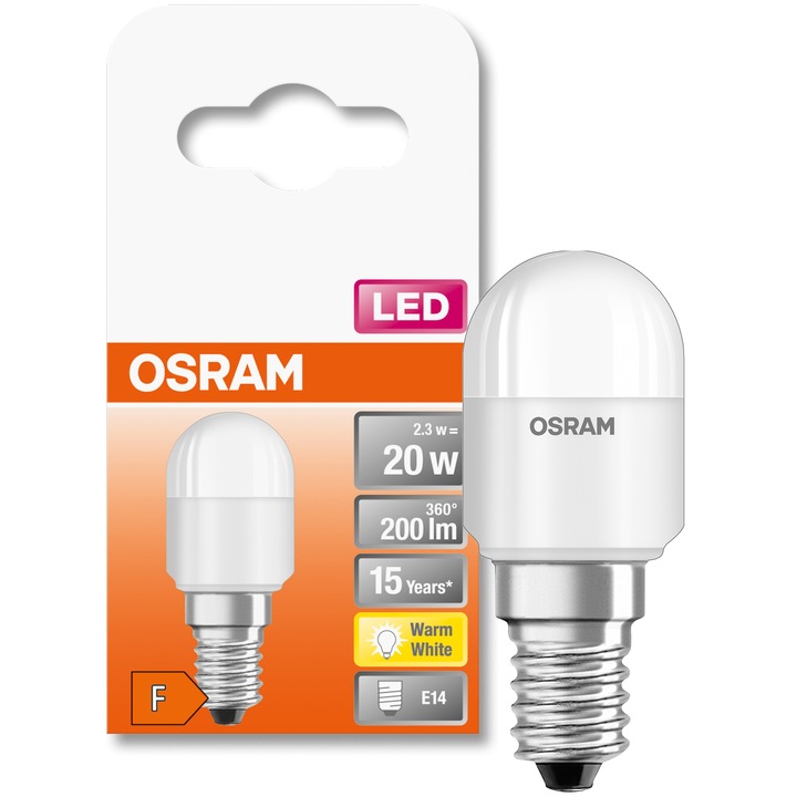 Bec LED pentru frigider Osram, E14, 2.3W, 200 lm, lumina calda (2700K), 230V, clasa energetica F