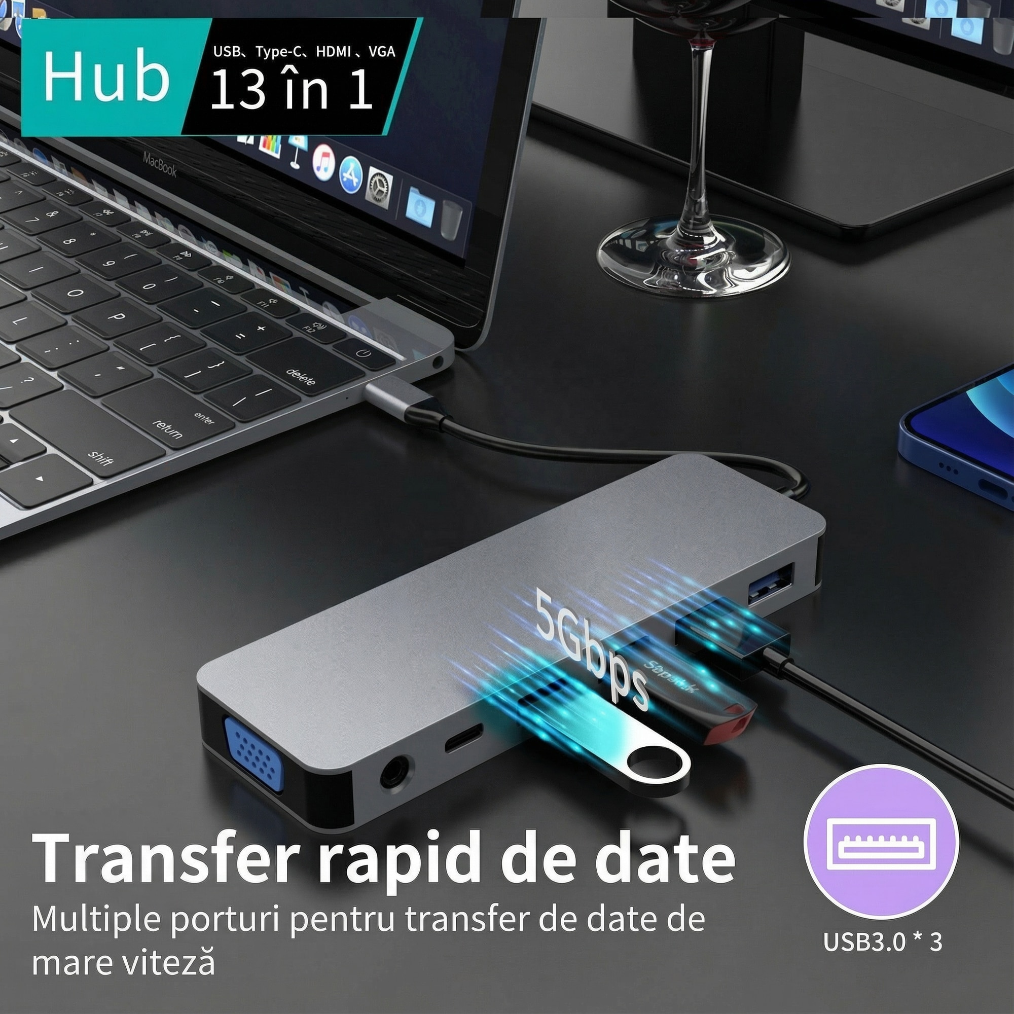 Docking Station USBC, 13 in 1 RikBo®, 1x 1000Mbps Gigabit Ethernet