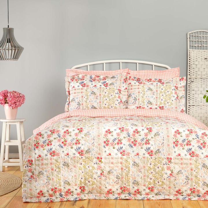 Lenjerie de pat pentru 2 persoane Karaca Home, Bonita, Bumbac, 4 piese, Roz, Detalii florale