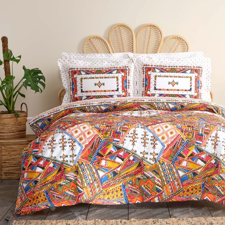 Lenjerie de pat pentru 2 persoane Karaca Home, Palamos, Bumbac, 4 piese, Multicolor