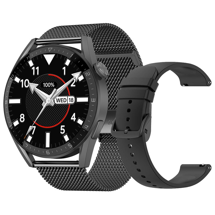 Смарт часовник LikeSmart™ DeltaFiT Max, 1,36" Retina дисплей, Bluetooth разговори, меню на румънски език, SpO2 пулсов оксиметър, кръвно налягане, сърдечен ритъм, безжично зареждане, силикон и метална черна платнена каишка