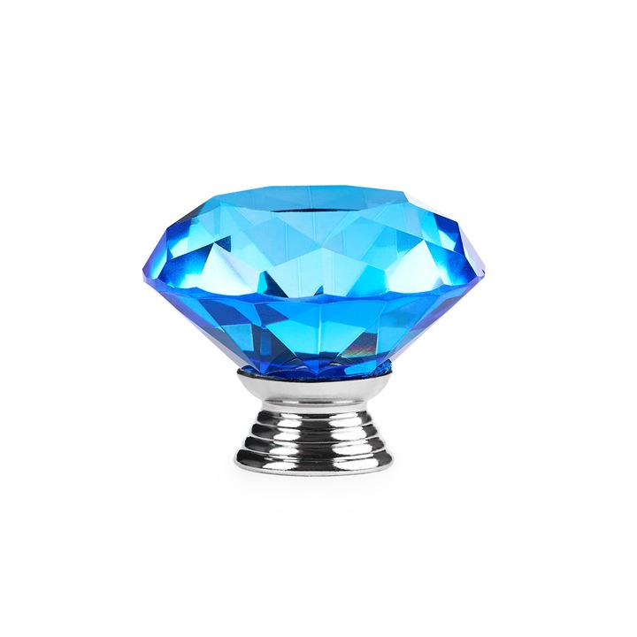Buton Maner Mobilier Onuvio™, forma diamant, Diamond Cut Luxury, Cristal K9, diametru 40mm, baza aliaj Zinc Aluminiu, Albastru