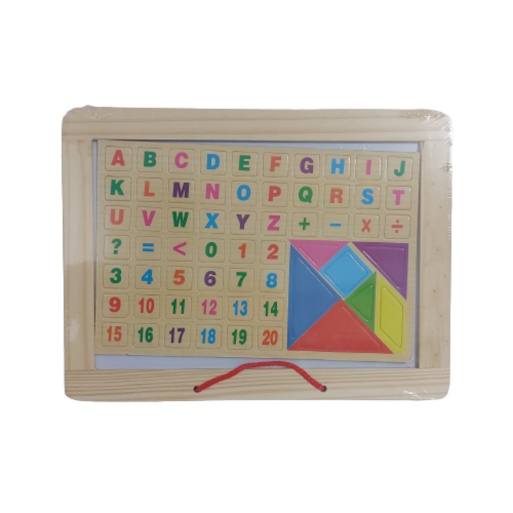 Tabla magnetica educativa din lemn 2 in 1, Alfabet, Cifre, Creta, Multicolor