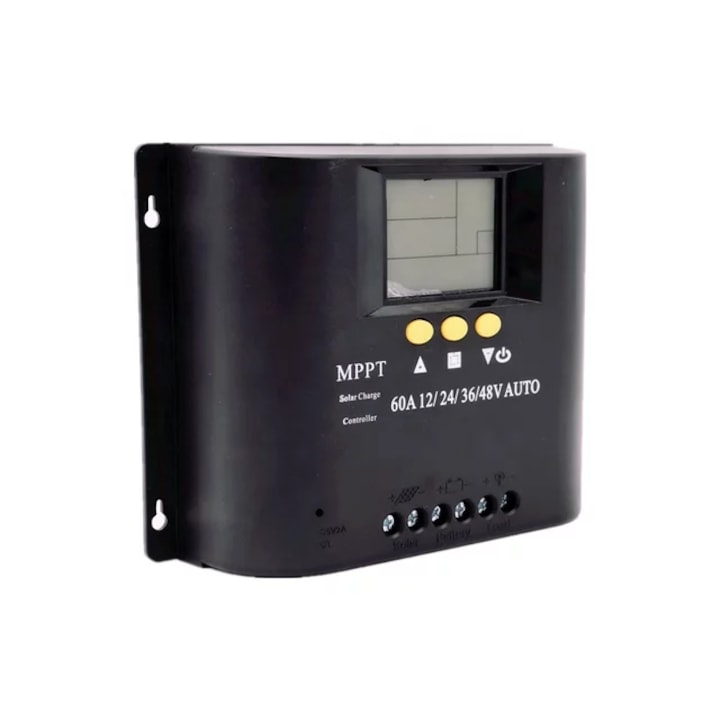 Соларен контролер с LCD дисплей, MPPT, 12V/24V/36V/48V, 60A, 7 режима на работа, 6 функционални защити, Черен