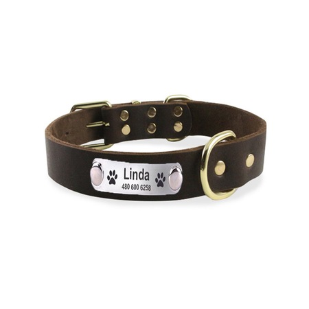 Zgarda personalizata din piele naturala pentru caini, pisic, gravata cu numele si numarul de telefon, premium gold, calitate deosebita, 37 cm, calitate deosebita, 37 cm