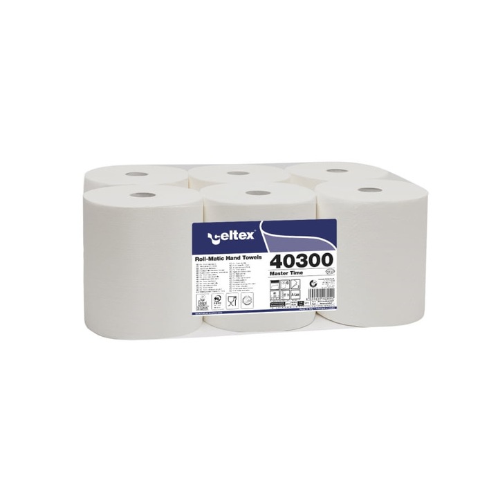 Rola prosoape autocut, Celtex 40300, alba, 2 straturi, 285 m, 6 role/set