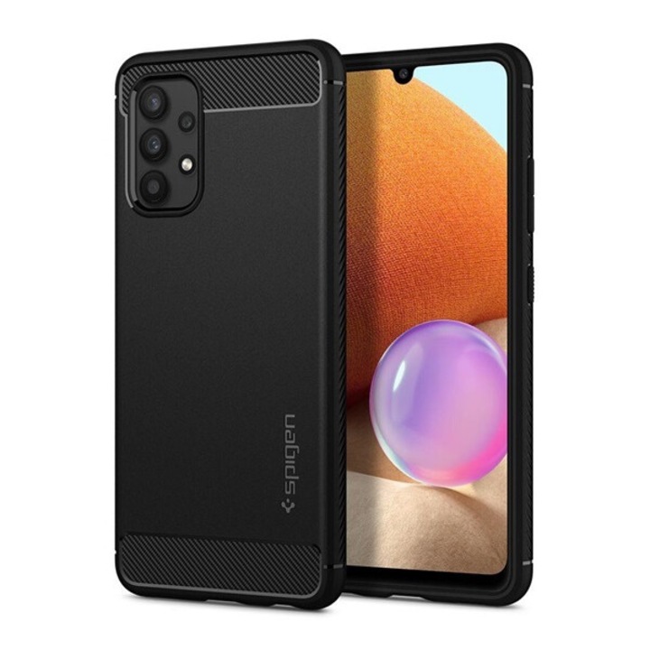 Spigen rugged armor szilikon mobiltelefon tok, ütésállóság, légpárnás sarok, karbon minta, fekete, kompatibilis: Samsung Galaxy A52s 5G, SM-A528, / Galaxy A52 5G, SM-A526F, / Galaxy A52 4G, SM-A525F