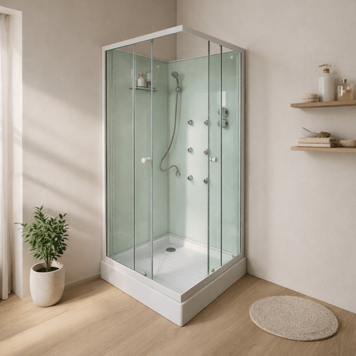 Cabina De Dus Cu Hidromasaj Patrata Elba Square, Sticla Transparenta, 90X90X200 Cm, Profil Alb, Cadita Joasa Si Sifon Incluse